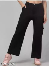 Black women's premium cotton wide-leg cargo trousers, relaxed fit with insert pockets - solid color, size options available